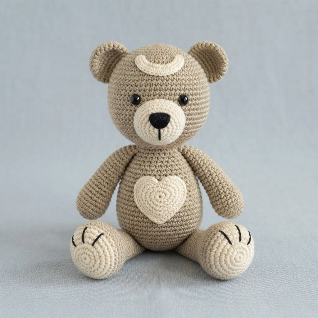 Finished beige crochet teddy bear with cream muzzle, cream heart applique on belly and stitched paw details, sitting on a light background