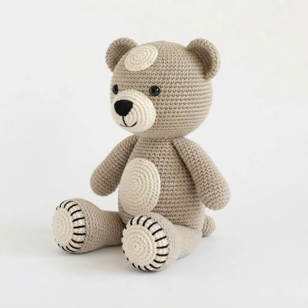 Beige crochet teddy bear sitting, with cream muzzle, belly patch and forehead patch, black eyes and nose, and black stitched details on the white feet soles