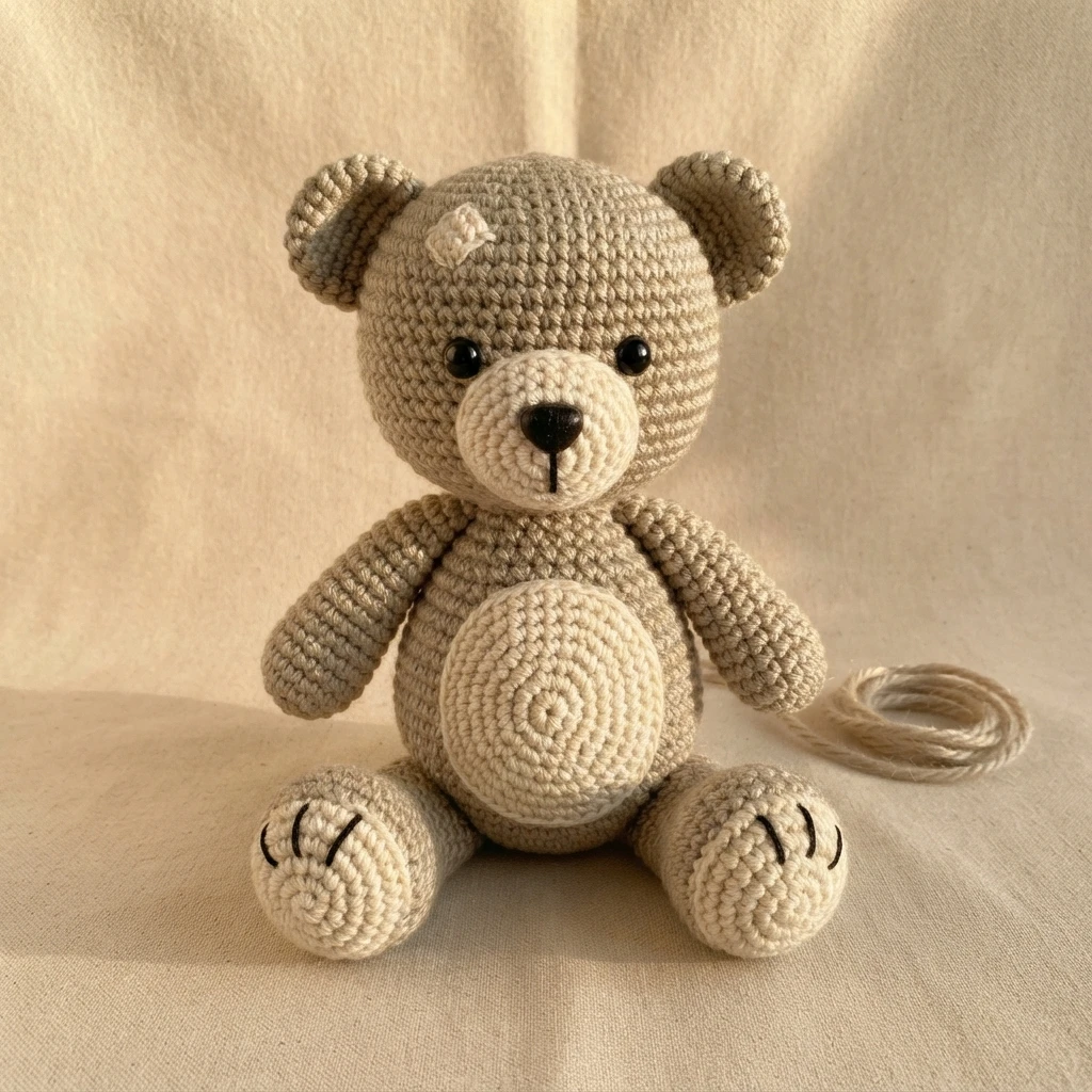 A finished crocheted teddy bear with grey body, cream muzzle and belly, black safety eyes and nose and embroidered claws, sitting on beige fabric with a small coil of yarn behind it.