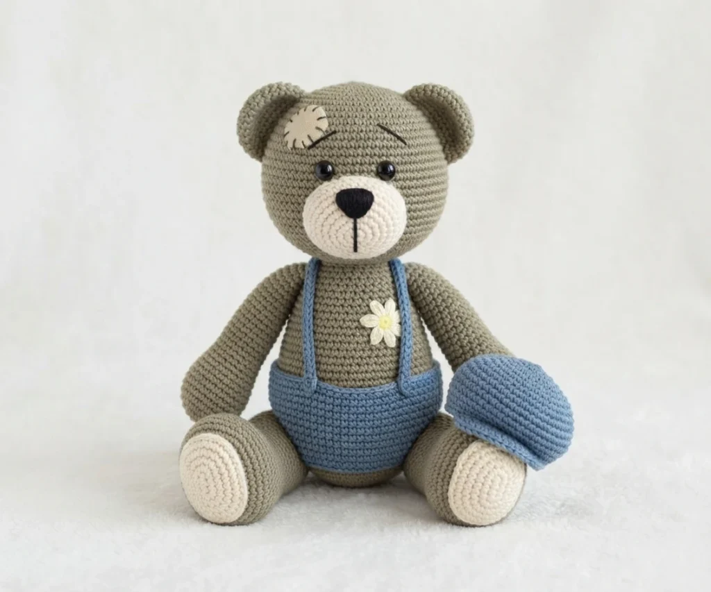 Seated crocheted teddy bear wearing blue overalls and holding a blue cap, with a white daisy applique on the chest and a stitched patch on the forehead.