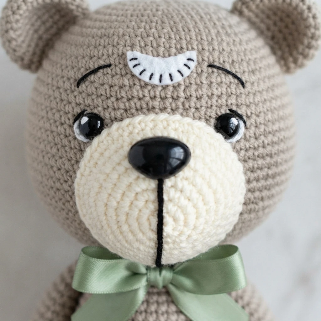 Close-up of a crochet teddy bear face with cream snout, black nose, embroidered brows, small forehead patch and green ribbon bow