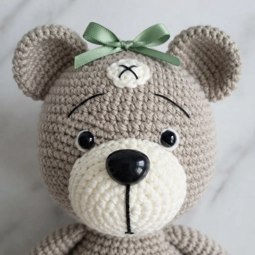 Front view of a crocheted teddy bear head in beige yarn with a cream muzzle, black safety eyes and nose, embroidered eyebrows, a small white forehead patch with black cross stitching and a green ribbon bow between the ears.
