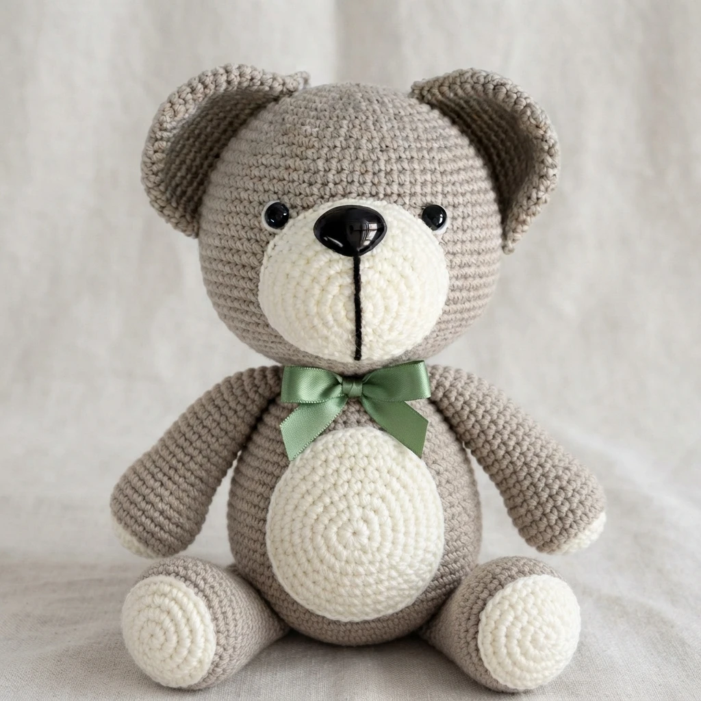 A completed grey crochet teddy bear with a cream snout, white tummy patch, white paw pads and a green satin bow at its neck, seated against a light linen background.