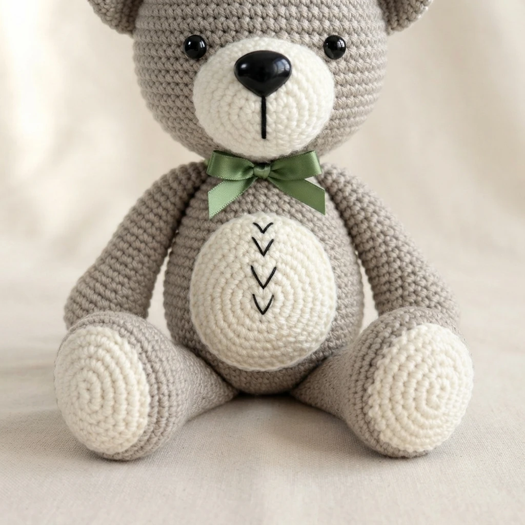 A finished grey crochet teddy bear with a white snout, white belly patch, and white paw pads, black safety eyes and nose, simple embroidered details, and a green ribbon bow around its neck, sitting against a light neutral background.