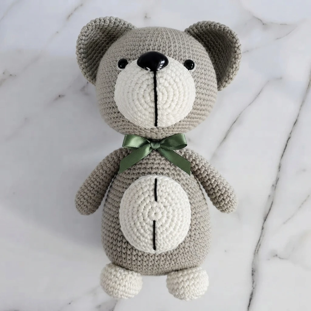Fully assembled grey crochet teddy bear with white snout, tummy patch and feet, wearing a green bow, photographed on a marble surface.