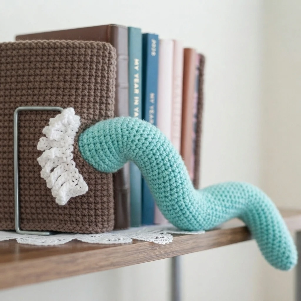 Crocheted brown bookend sleeve holding a row of books on a wooden shelf, with a teal crochet worm tail curling out from the side and a white ruffled crochet piece attached at the front, metal bookend partly visible.