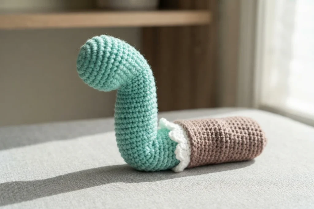 Crocheted mint green worm body joined to a taupe crocheted sleeve with a white ruffled edge, resting on a light gray fabric surface in soft daylight.