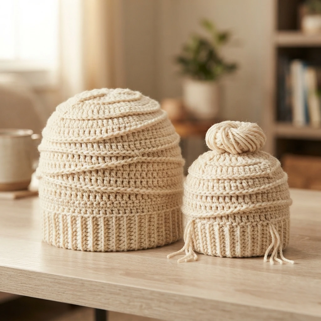 Two cream crochet beanies in adult and child sizes with ribbed brims resting on a wooden table, a small ball of yarn placed on the smaller beanie