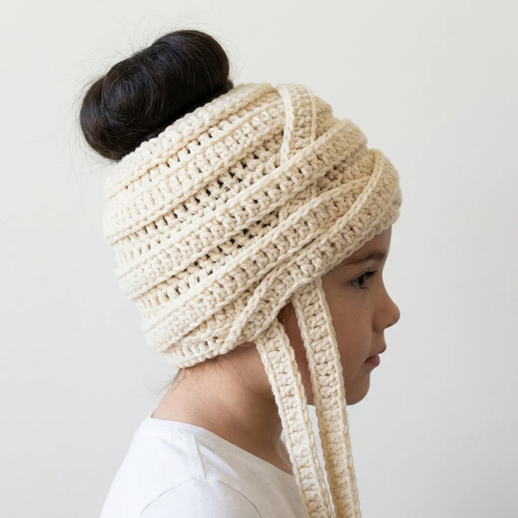 Child in side profile wearing a cream crocheted mummy style messy bun beanie with long hanging strips