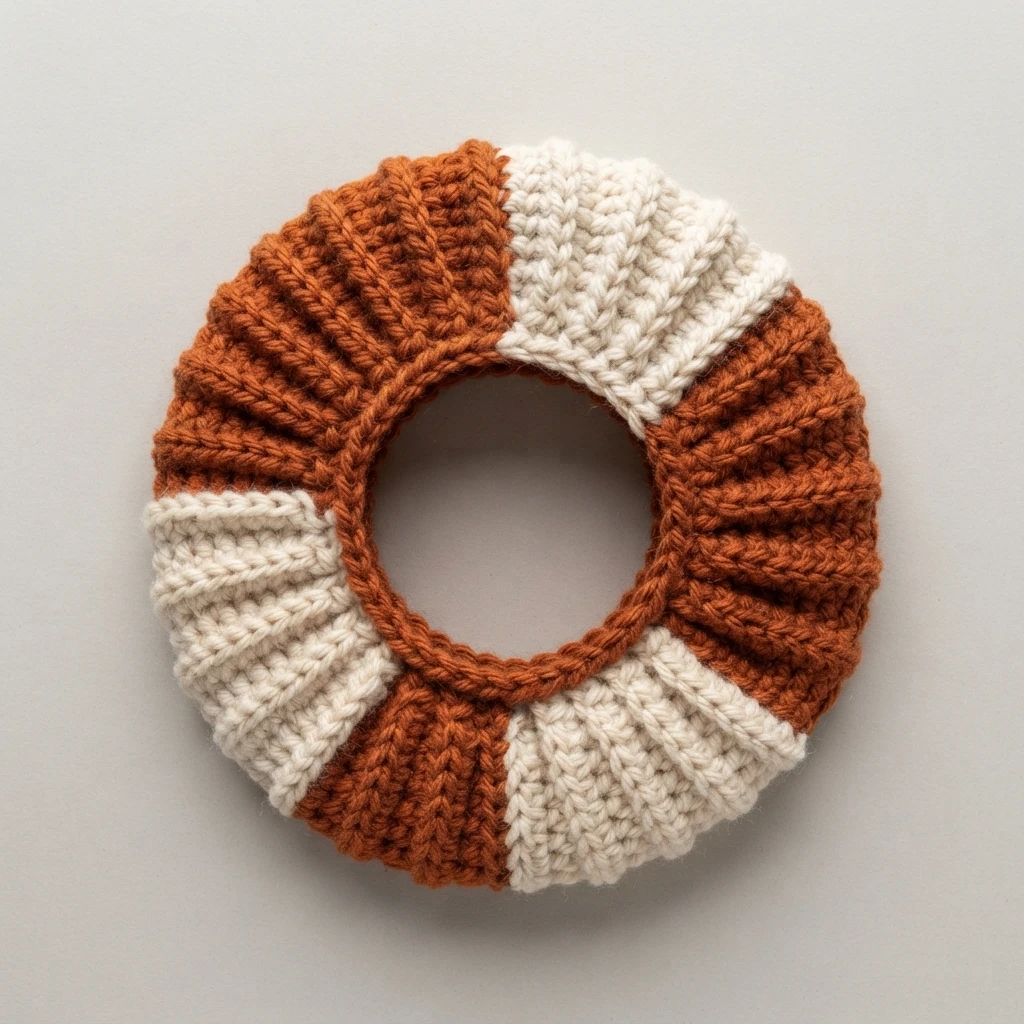 Top view of a round ribbed crocheted beanie in rust orange and cream with a central opening