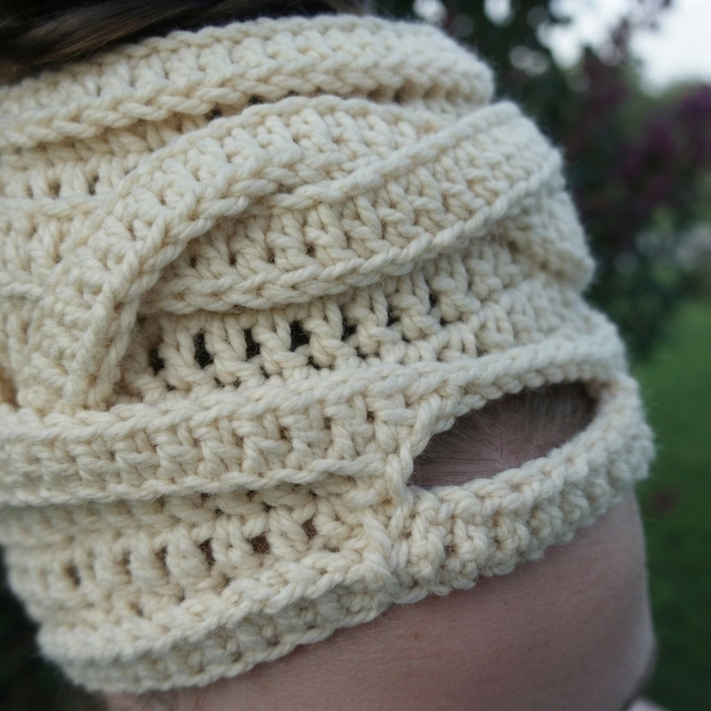 Close-up of a cream crocheted mummy style messy bun beanie with wrapped bands and an eye opening, worn outdoors.