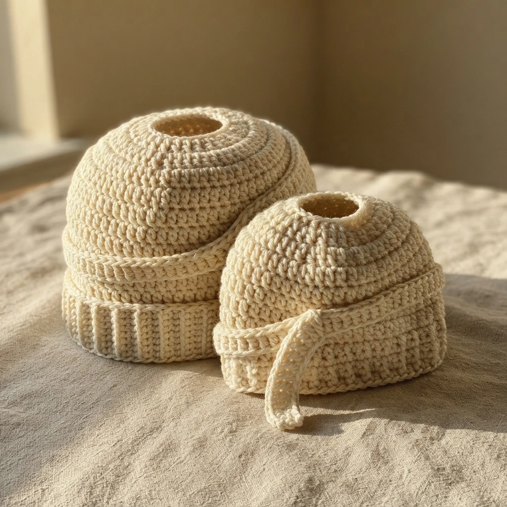 Two cream crocheted mummy wrap messy bun beanies in adult and child sizes displayed on light fabric