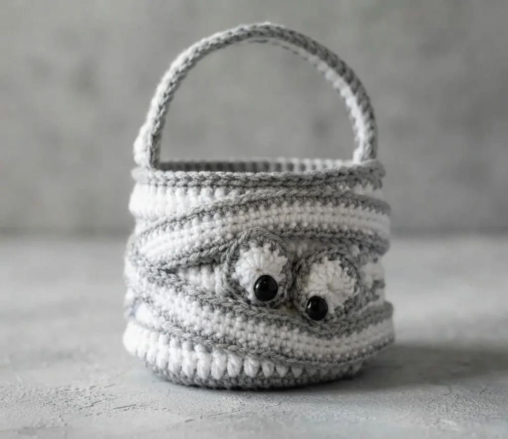 A gray and white crocheted mummy bag with a loop handle, wrapped yarn details, and two black eyes.