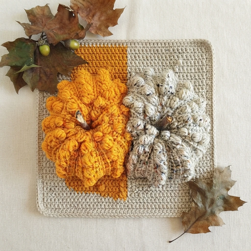 Carré crocheté beige bordé, avec deux citrouilles en relief orange et gris, des tiges brunes et des feuilles d’automne autour.