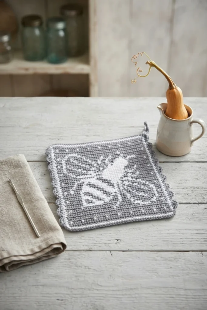 Manique crochetée grise et blanche avec un motif d’abeille et une bordure festonnée, posée sur une table près d’une tasse contenant une poire décorative.
