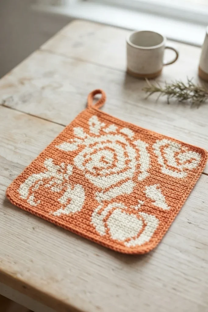 A rectangular orange and cream crocheted potholder with floral motifs and a hanging loop on a wooden table beside a mug.