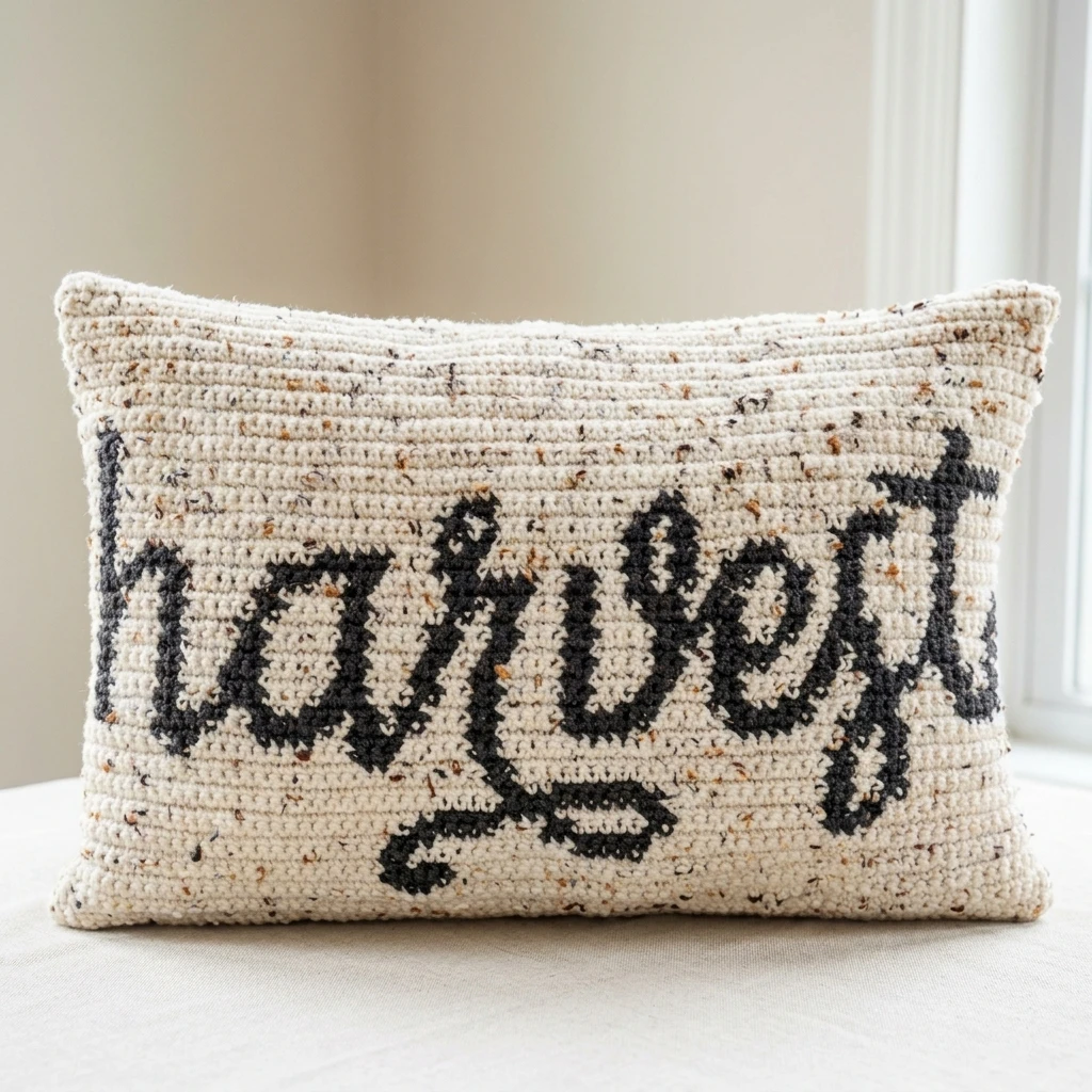 Rectangular crocheted pillow cover in cream tweed yarn with the word harvest worked in black script lettering across the front, shown propped on a plain light surface against a neutral wall.