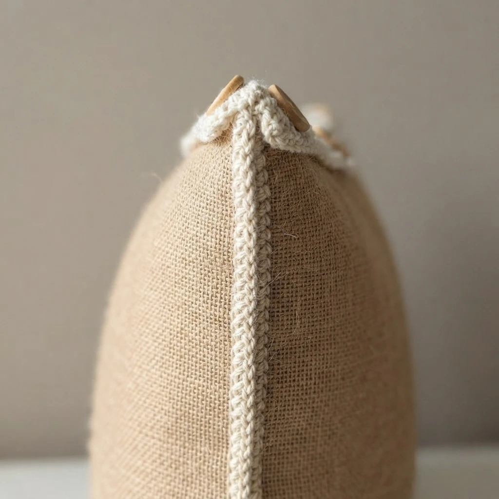 Close-up of the side edge of a burlap pillow joined with a vertical white crocheted slip stitch seam, with wooden buttons and a white crocheted trim along the top edge