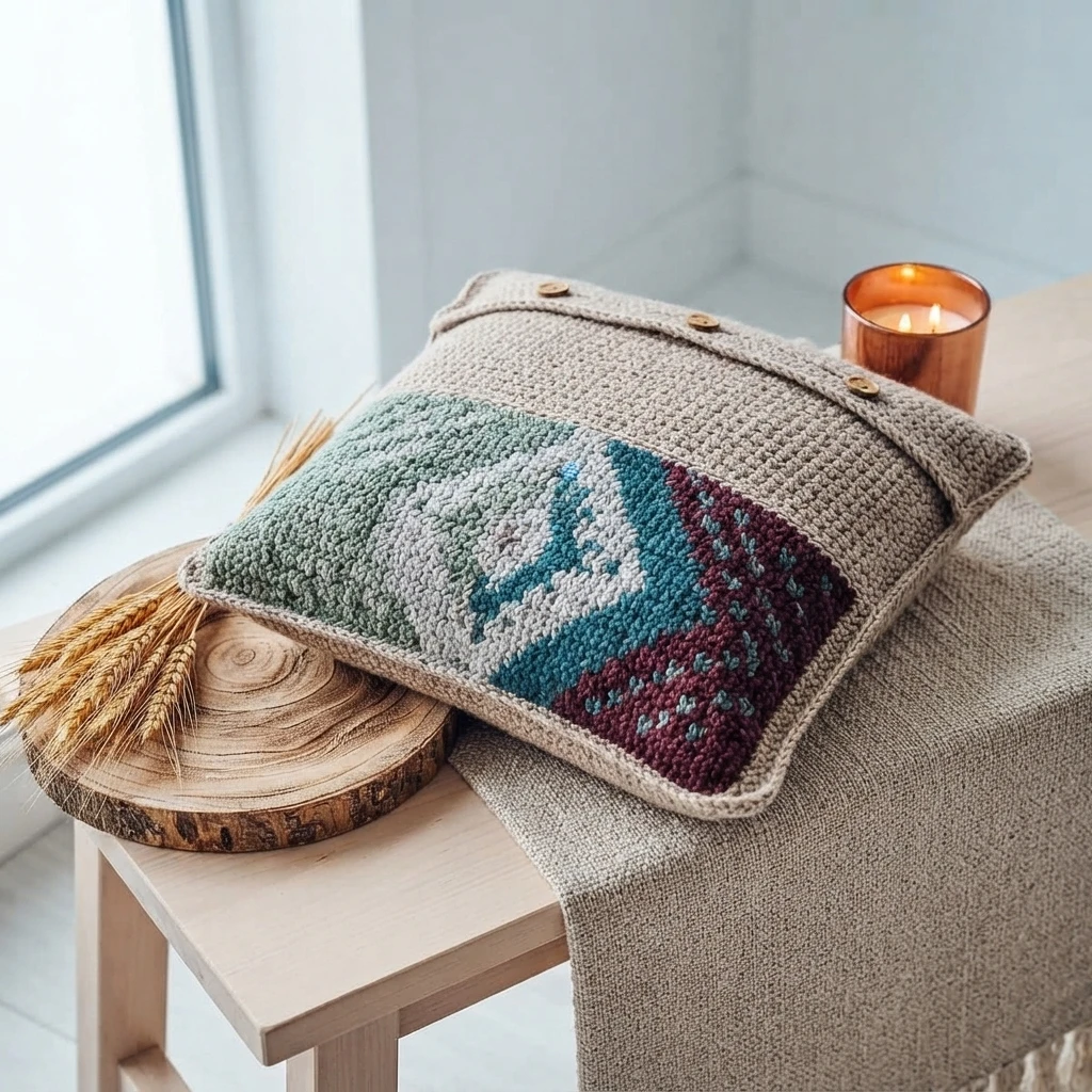 Crocheted pillow cover in beige, sage green, teal and burgundy with a colorwork wheat motif, a buttoned top flap and a contrasting border, resting on a small wooden stool next to dried wheat, a lit candle in a copper holder and a woven runn