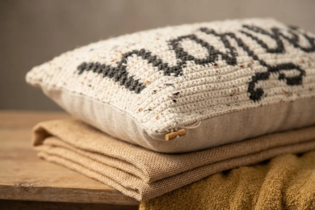 Crocheted oatmeal tweed pillow cover with the word harvest worked in black yarn, resting at an angle on folded burlap and cloth on a wooden surface, with a wooden button visible near the lower edge.