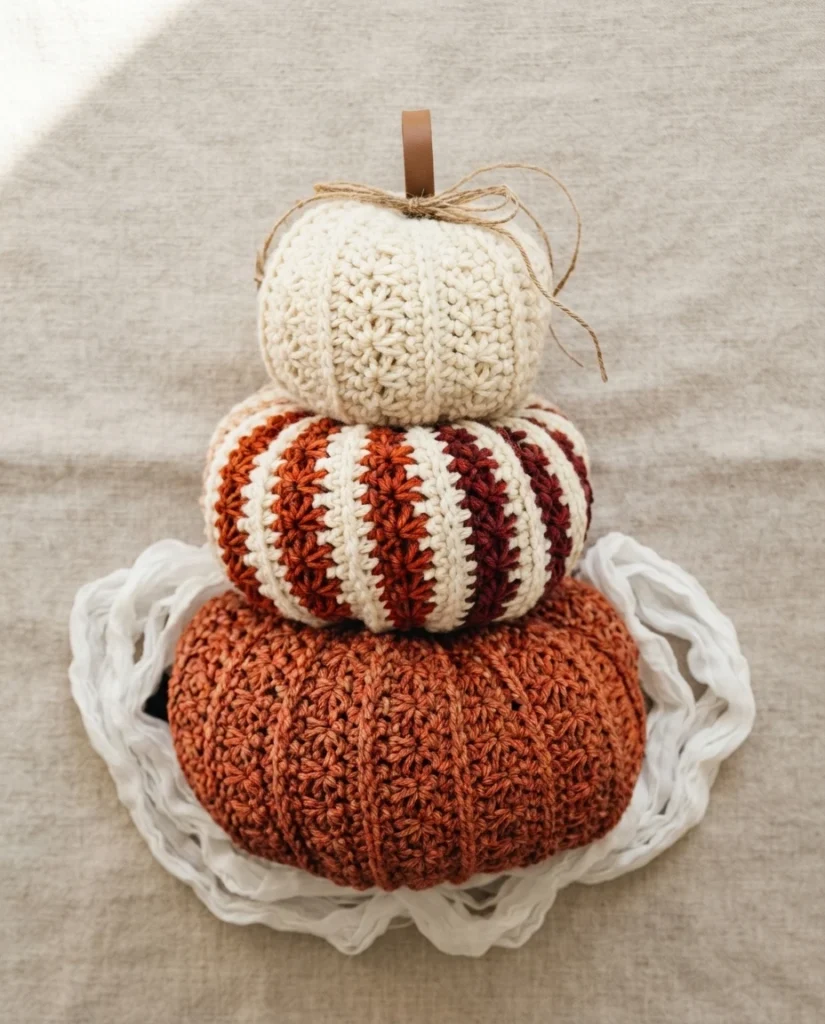 Three stacked crochet pumpkins: a cream pumpkin with a twine bow and brown stem on top, a striped cream and rust pumpkin in the middle and a textured orange pumpkin at the base, resting on gathered white fabric over a beige surface.