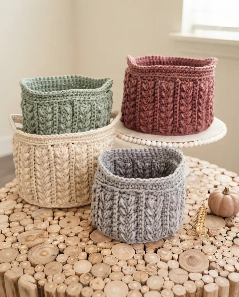 Four textured crochet baskets in cream, sage green, mauve and grey arranged on and beside a wood slice table, with a small pumpkin and a wheat sprig in the foreground