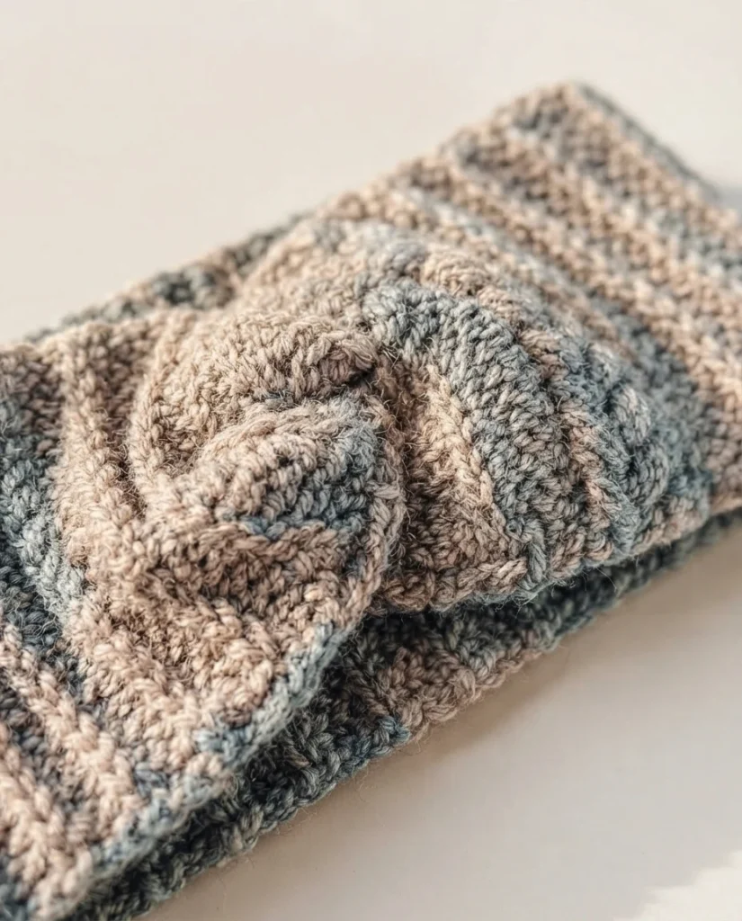 Folded crocheted ear warmer in beige and dusty blue with a textured twisted stitch pattern, shown close up on a pale surface