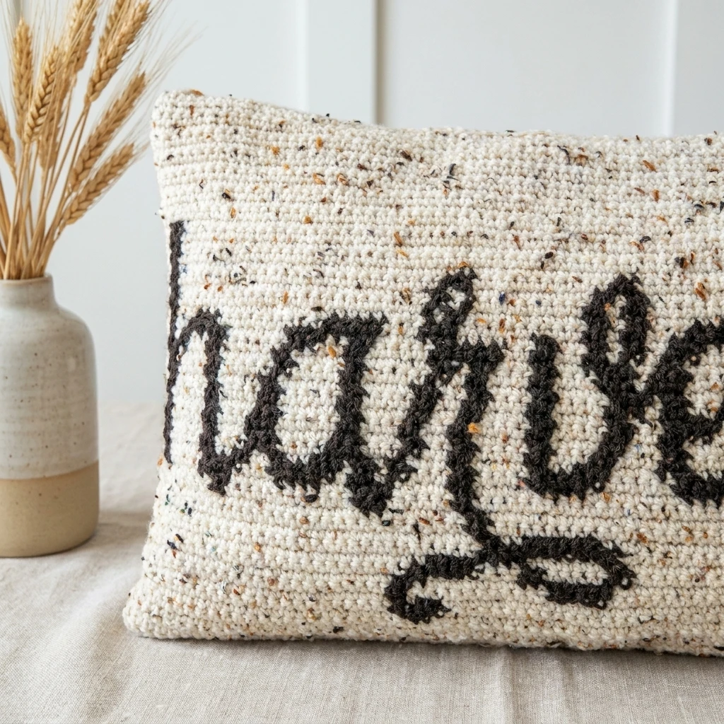 Close-up of a cream tweed crochet pillow cover with black crocheted lowercase lettering reading harvest, resting on beige linen fabric beside a small vase of dried wheat stalks.