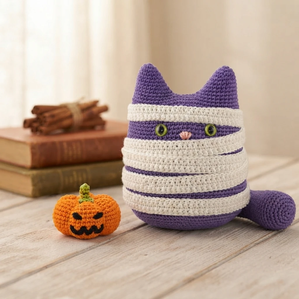 A purple crocheted cat wrapped in white bands sits beside an orange crocheted jack-o’-lantern.