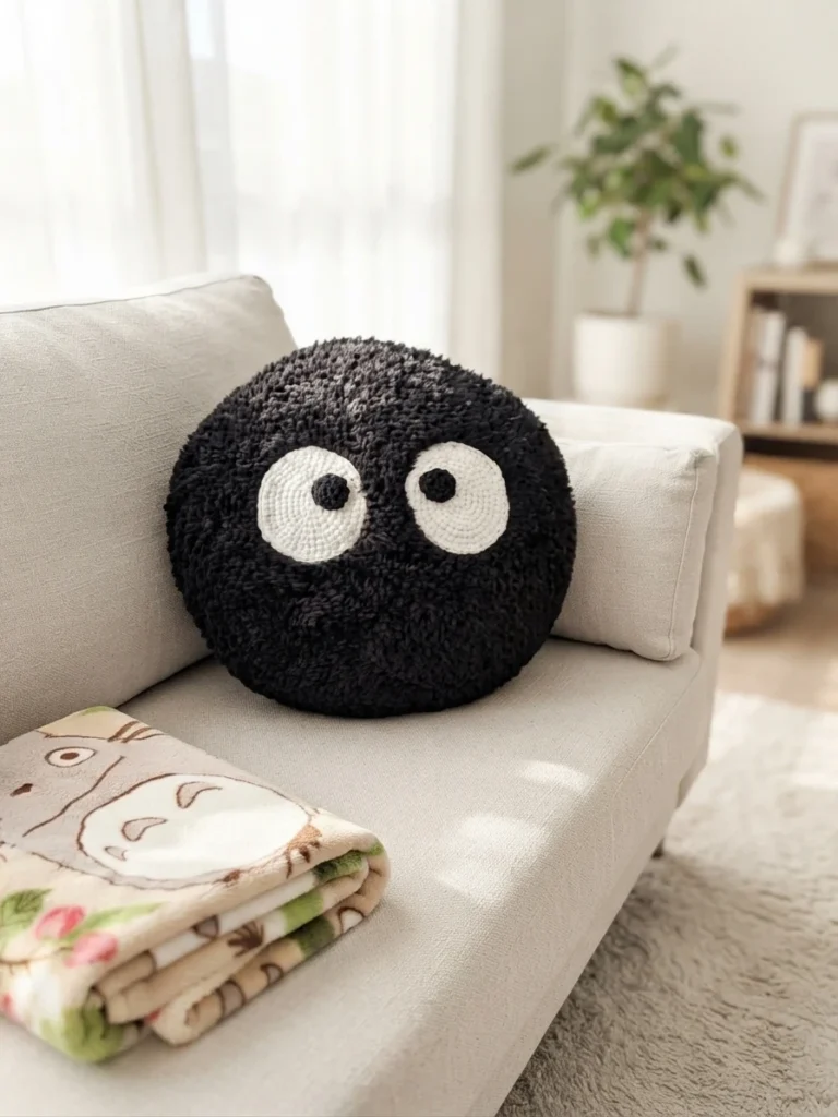 Round black fluffy crochet Soot Sprite pillow with large white eyes and black pupils on a light sofa beside a folded Totoro blanket