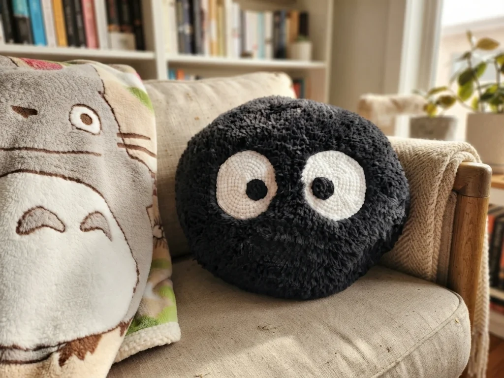 Black fluffy round Soot Sprite crochet pillow with large white eyes and black pupils on a beige armchair beside a Totoro blanket