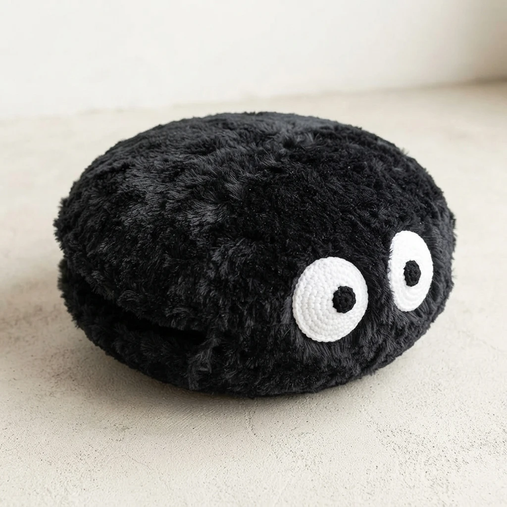 Round black fluffy Soot Sprite pillow with two white crochet eyes and black pupils, seen from the side on a pale surface