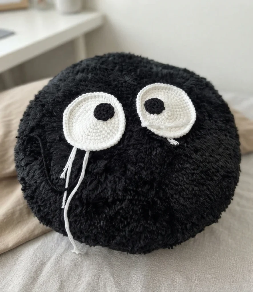 Black fluffy round Soot Sprite pillow with two white crocheted eyes, black pupils and loose white yarn tails during assembly