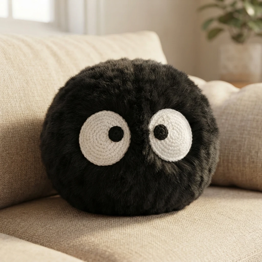 Round black fuzzy Soot Sprite crochet pillow with large white eyes and black pupils on a beige sofa