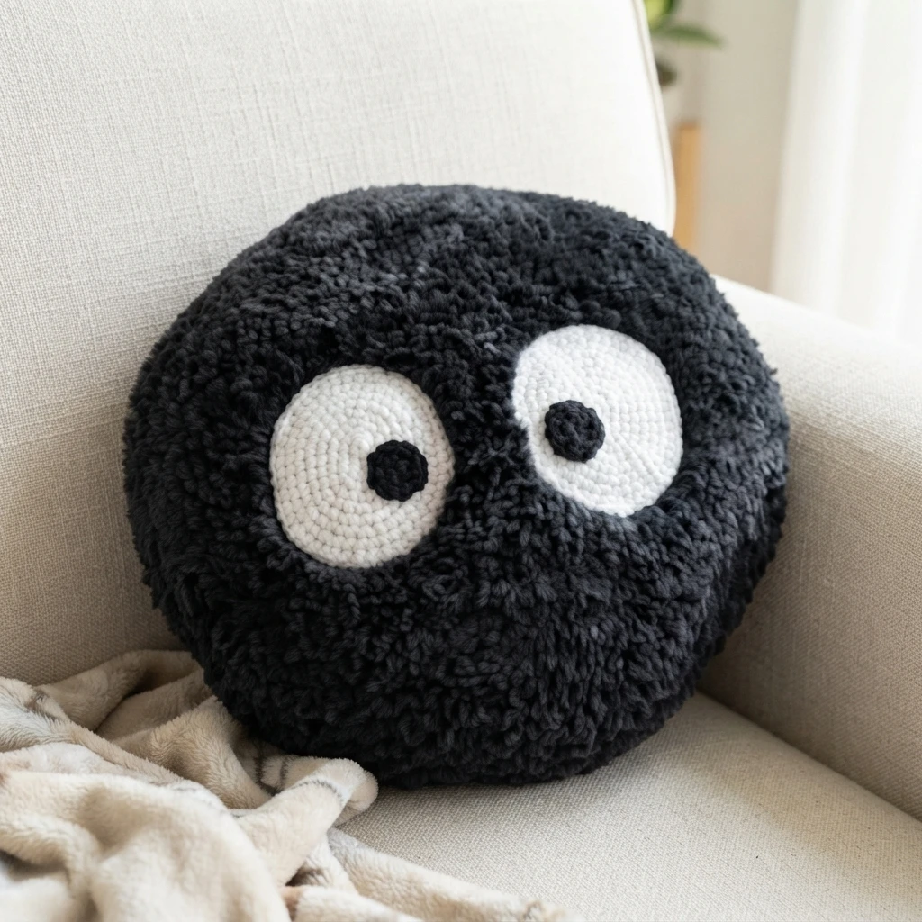 Black fluffy round Soot Sprite crochet pillow with large white oval eyes and offset black pupils on a beige sofa beside a plain light blanket