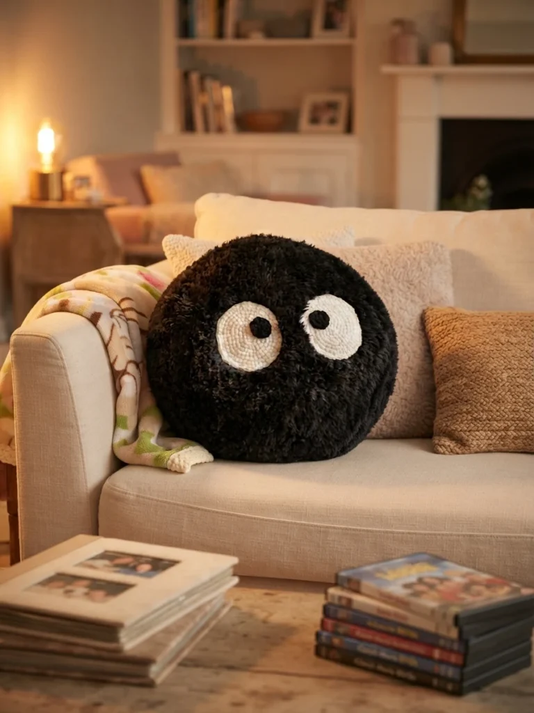 Round black fuzzy crochet Soot Sprite pillow with large white eyes and black pupils on a beige sofa beside a patterned blanket and cushions