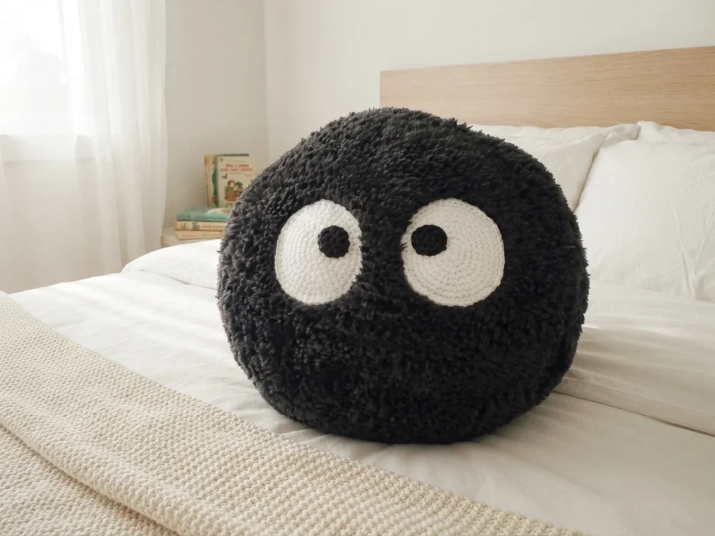 Black fluffy round Soot Sprite crochet pillow with large white eyes and black pupils on a white bed