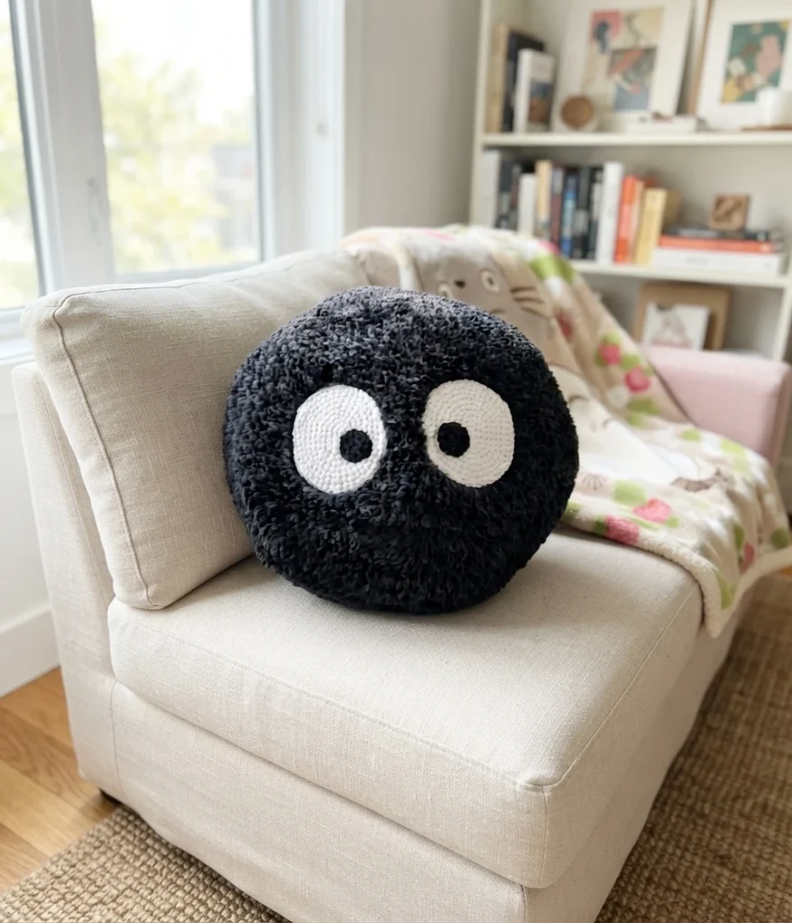 Round black fluffy Soot Sprite crochet pillow with large white eyes and black pupils on a beige armchair beside a Totoro blanket