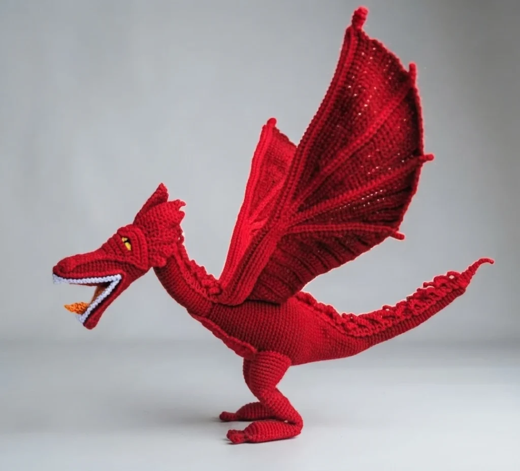 Red crocheted flame dragon amigurumi in side profile with large upright wings, open jaw and extended spiked tail on a plain light grey background.