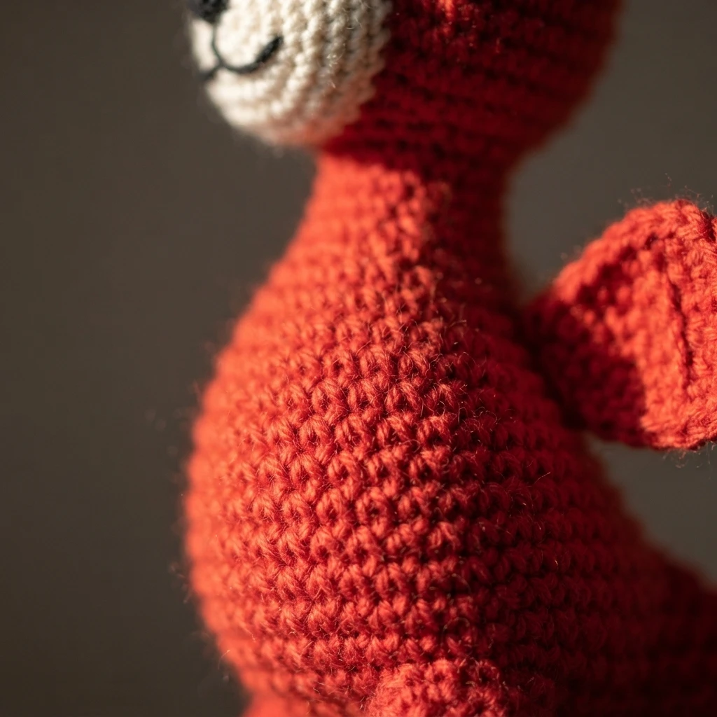 Close-up of a red crocheted dragon body with a white stitched muzzle and embroidered smile
