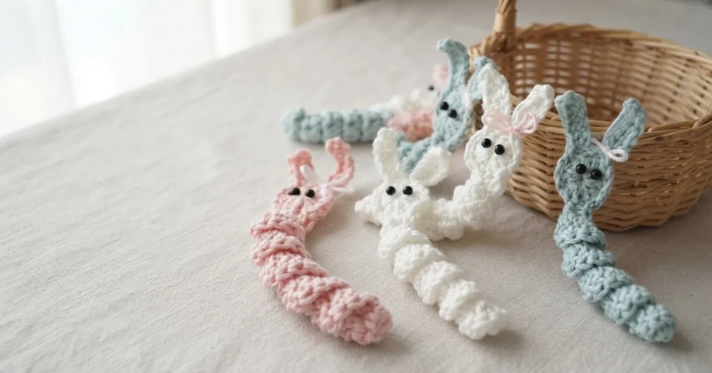 Three crocheted bunny worry worms in pink, white and light blue, each with long upright ears, black bead eyes and a small ribbon bow, resting on a pale cloth in front of a woven basket.