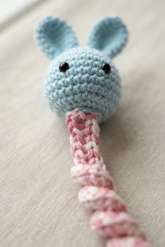 Crocheted bunny worry worm with a light blue head, two upright ears, black bead eyes and a pink and white spiral body resting on beige linen fabric.