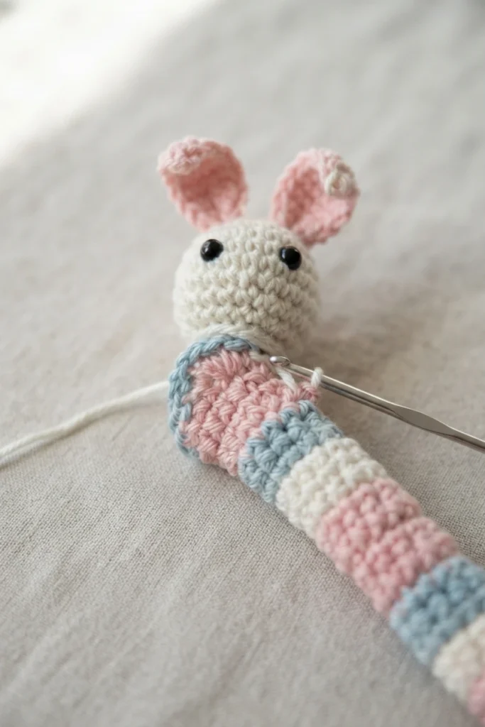 Bunny worry worm en cours de crochet posé sur un tissu de lin clair, avec une tête blanche, des oreilles roses, deux yeux en perles noires, un corps rayé rose, bleu et blanc, et un crochet métallique encore piqué dans la dernière maille.