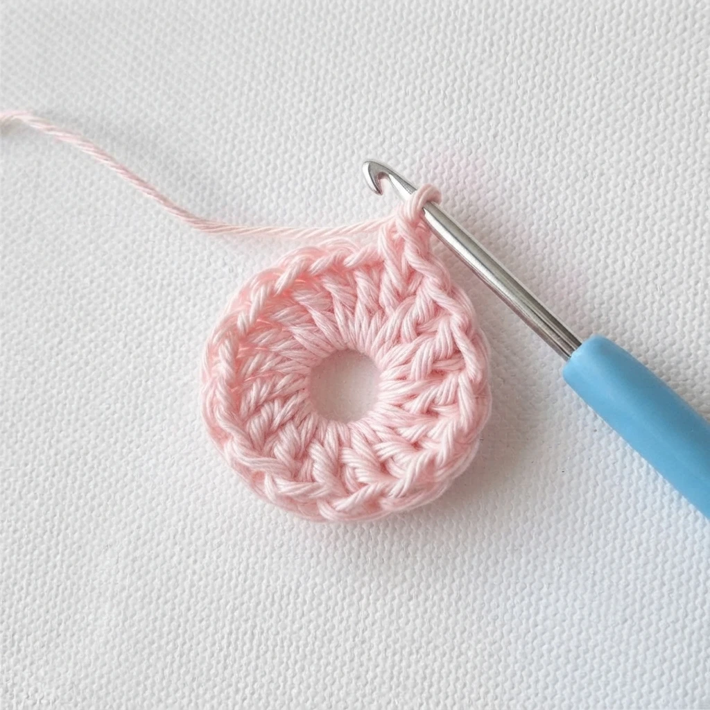 Pink crocheted circle in progress on a metal hook with a blue handle, resting on white textured fabric with the yarn tail trailing to the left.
