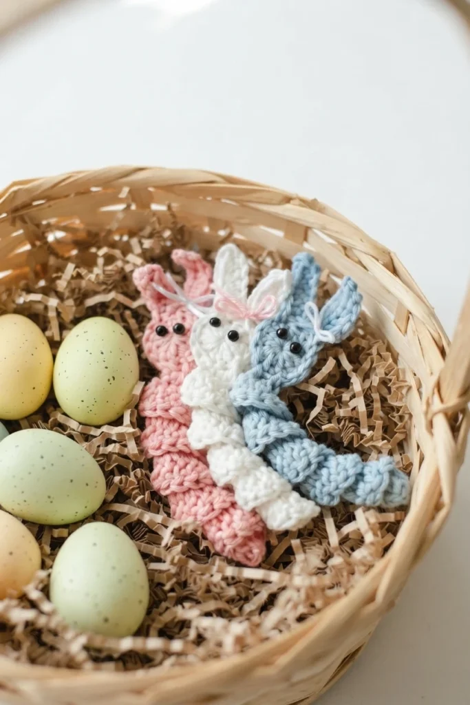 Three crocheted bunny worry worms in pink, white and blue with black bead eyes and small bows, resting in a woven basket filled with shredded paper and speckled pastel Easter eggs.