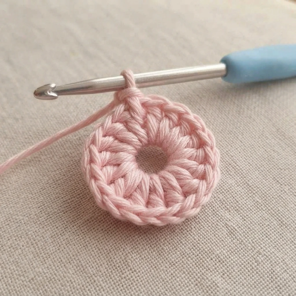 Pink crochet work in progress: a round of stitches with an open center on a metal hook with a light blue handle, resting on beige fabric