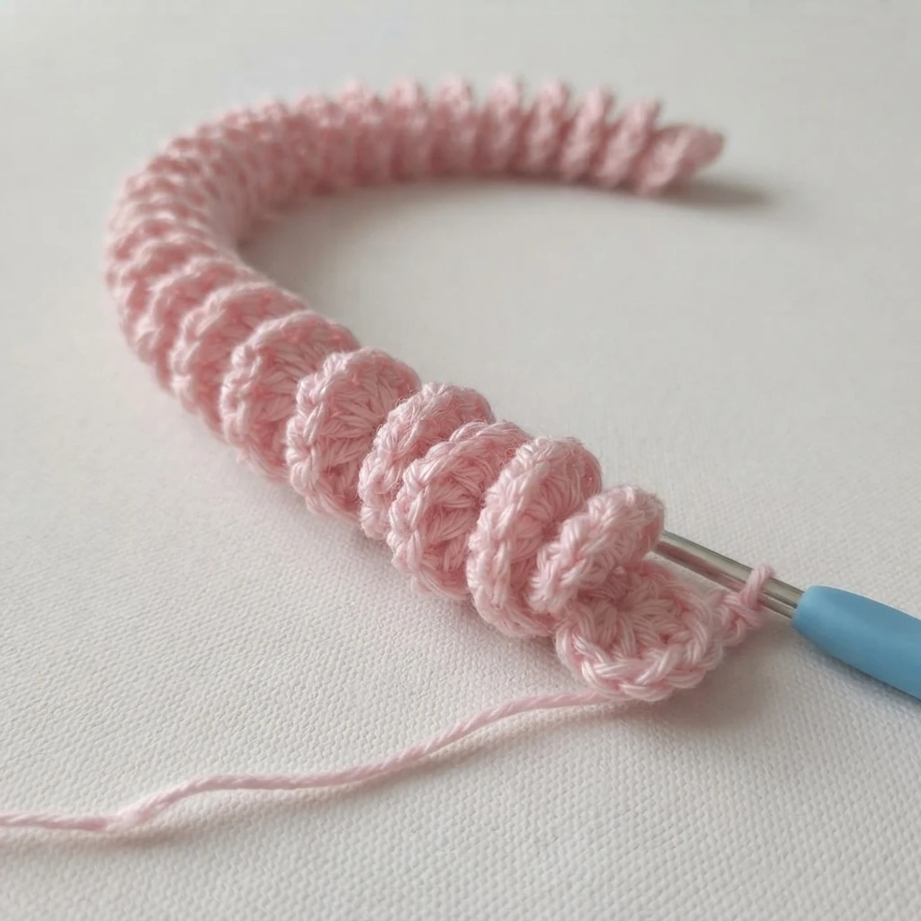 Pink crocheted spiral body of a bunny worry worm in progress on a crochet hook with a blue handle, resting on a white surface