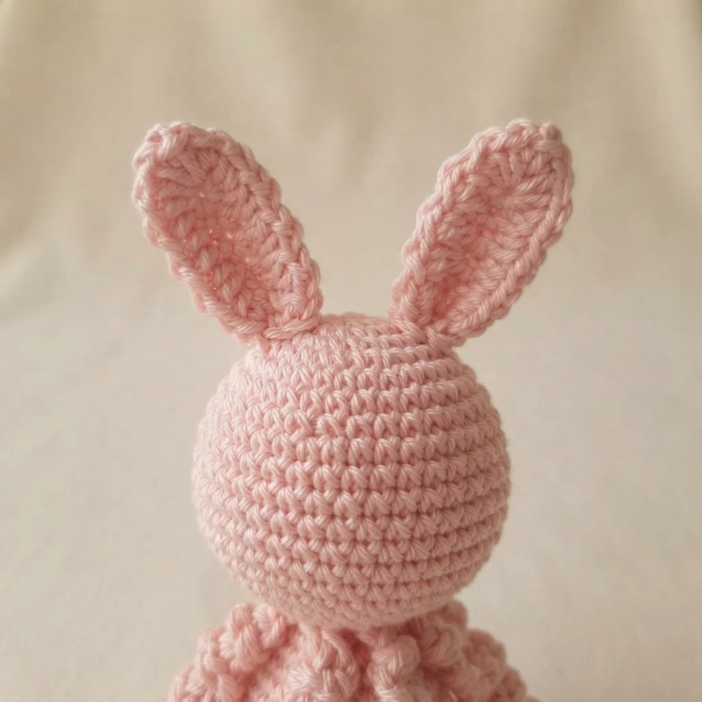 Close-up of a pink crocheted bunny head with two upright ears and a textured spiral body below, photographed on a soft cream background.