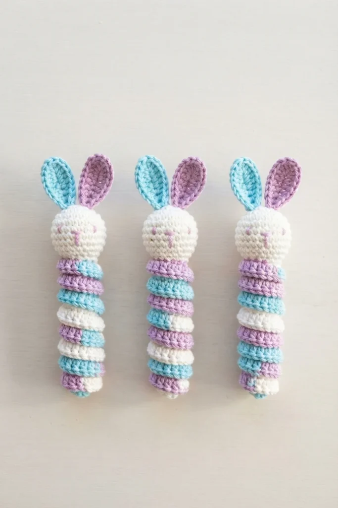 Three crocheted bunny worry worms with white heads, embroidered faces and pastel blue, pink and white striped bodies arranged in a row on a plain white surface.