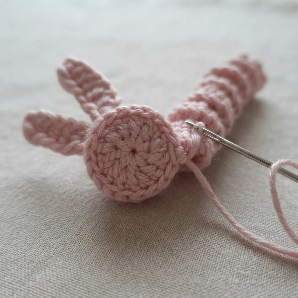 Gros plan d'une tête de lapin au crochet rose avec deux oreilles, vue de face sur un tissu clair, une aiguille à tapisserie enfilée dans la tête et un long fil rose formant une boucle au premier plan.